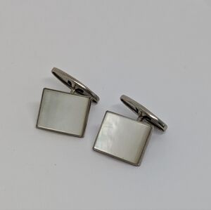Vintage Silver Tone &  Mother-of Pearl Whaleback Cufflinks Formal Prom Wedding
